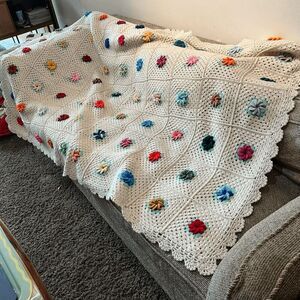 Handmade Crochet Afghan Blanket Puff 3D Flowers Cotton Blend 72x52 Boho Cottagec